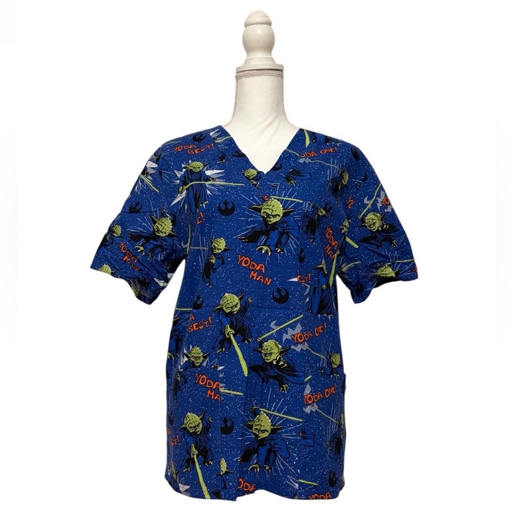Star Wars 100% Cotton Yoda Print Nursing Medical Scrub Top Women’s Small